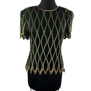 VINTAGE STENAY Green Gold Sequin Short Sleeve Crewneck Scalloped Top Size PS